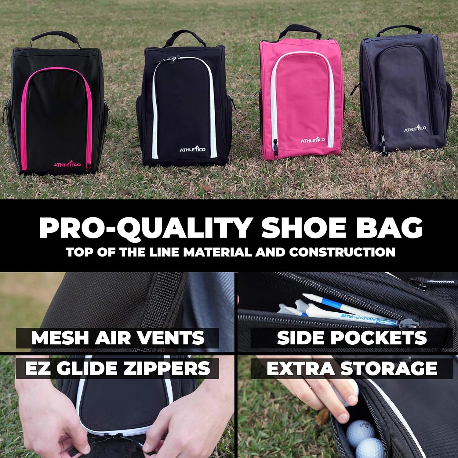 Golf Shoe Bag - Zip-Closure Carrier with Ventilation and External Pocket for Accessories (Pink)